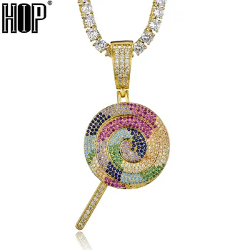 HIP Hop Zlatá Farba Bling Plný AAA+ Cubic Zirconia Ľadový Sa multicolor Lízatko Prívesky & Náhrdelníky pre Mužov Šperky