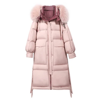 HStar 2020 Zimné Ženy, Skutočné Mýval Kožušinové kabáty s Kapucňou lady Biela Kačica Dole Kabát ružová Pevné Hrubé Teplé Voľné Žena Parkas