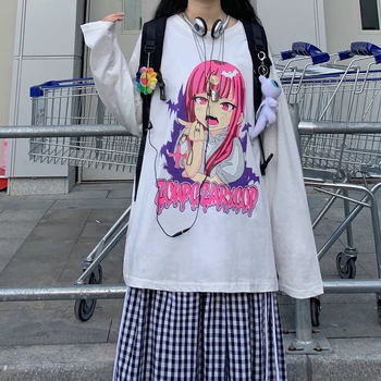 Hip Hop bavlna roztomilé Anime print T Shirt All-zápas Dlhé Rukávy Pohode stručný 2021 oblečenie black Harajuku mužov Japonský streetwear