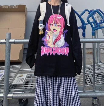 Hip Hop bavlna roztomilé Anime print T Shirt All-zápas Dlhé Rukávy Pohode stručný 2021 oblečenie black Harajuku mužov Japonský streetwear