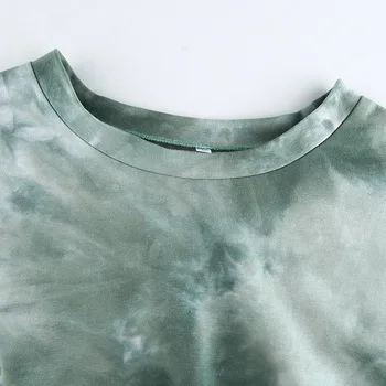 Hipster Pohode Žien tie-dye Zelená T-shirt 2020 Jeseň Pani Krátke-dĺžka Šnúrkou Hore Duté Z Split Long-sleeve O Krku Tričko