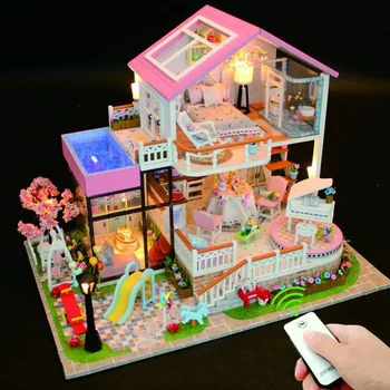 Hoomeda-Diy Drevené Miniatúrny domček pre bábiky Deti DIY Doll House Dieťaťa Ručná Montáž Modelu Dom Hračka Darček k Narodeninám