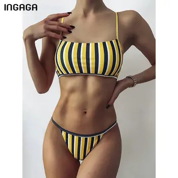 INGAGA Bandeau Bikini Push Up Plavky, Plavky Ženy Pruhované plavky Ženy 2021 Nové Biquini Plaviek Popruh Bikini Set