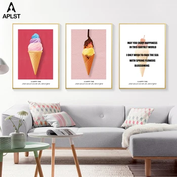 Ice Cream Vytlačí & Plagát Šťastie Citát Maľovanie Tlač na Plátno Moderné Nástenné Art Obraz pre Bar Kuchyňa Reštaurácie Dekorácie