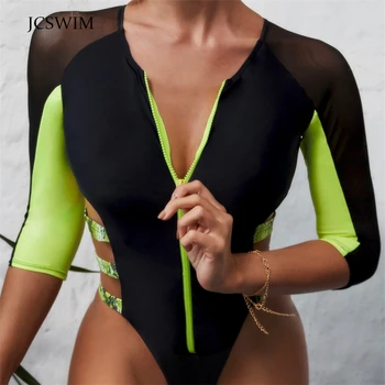 JCSWIM Dlhý Rukáv Oka Bikini Mujer 2020 Sexy Šitie Farebné Plavky Ženy Jeden Kus Duté Z Brazílskej Zips Plavky Nové