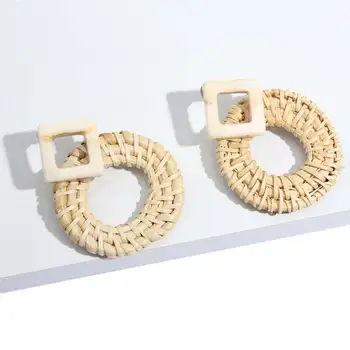 JEDNODUCHO POCIT, Slamy Ratanový Výplet Stud Náušnice 2018 Kórea Fashion Akrylová Ručné Veľké Kolo Kruh, Štvorec Náušnice Šperky Pre Ženy