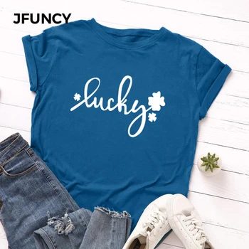 JFUNCY Plus Veľkosť S-5XL Ženy T-shirts Žena Krátke Sleeve Tee Topy Šťastie Tlač Žena Bežné Tričko 2020 Letné Bavlnené Tričko