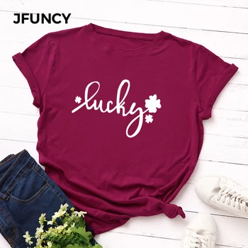 JFUNCY Plus Veľkosť S-5XL Ženy T-shirts Žena Krátke Sleeve Tee Topy Šťastie Tlač Žena Bežné Tričko 2020 Letné Bavlnené Tričko