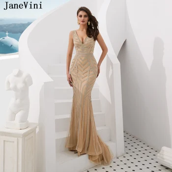 JaneVini Luxusné 2019 Šampanské Plný Lištovanie Dlhé Večerné Šaty pre Ženy, Župan De Soiree Hlboko V Krku Sexy Morská panna Večerné Šaty