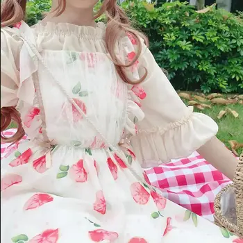 Japonský kawaii dievča sladké lolita sady vintage palác lolita top+roztomilý tlač čipky viktoriánskej šaty gothic lolita súbor loli cos