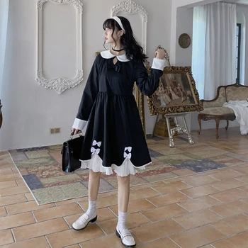 Japonský sladké peter pan golier, dlhé rukávy vintage palác Lolita Bowknot lotus leaf šaty Cos Loli šaty Vestidos