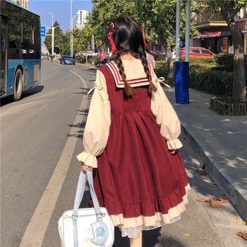 Japonský Štýl kawaii oblečenie sladké lolita šaty Námorník Golier Sťahovacie Strednej Dĺžky Retro Šaty pre Ženy, Jeseň a Zima