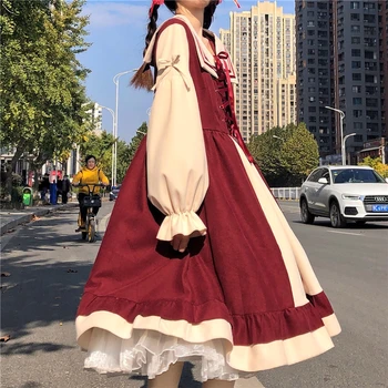 Japonský Štýl kawaii oblečenie sladké lolita šaty Námorník Golier Sťahovacie Strednej Dĺžky Retro Šaty pre Ženy, Jeseň a Zima