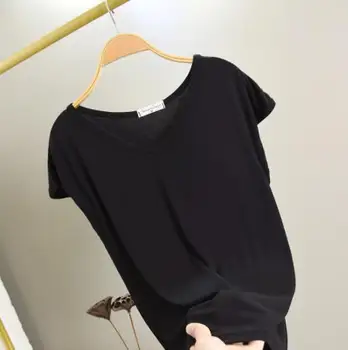 Jar Leto Nový Štýl Plus-veľké tričko Slim Fit Modálne Krátke Rukávy Sveter s V-výstrihom kórejskej Ženy 2020 Topy