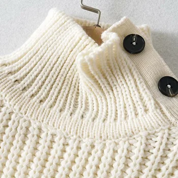 Jesenné a zimné dámske svetre bežné prekladané vysoký krk dlhý rukáv tlačidlo dekorácie sveter