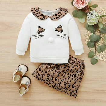 Jeseň Deti Oblečenie Sady Baby Girl Dlhý Rukáv Cartoon Vzor Mikina Leopard Tlač Krátke Sukne 2 ks Oblečenia Nastaviť