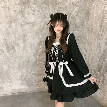 Jeseň Japonský Čierny Gothic Lolita Šaty Vintage Viktoriánskej Mäkké Dievča Roztomilý Čela Krajky-up Volánikmi Princezná Šaty Žien Punk Šaty
