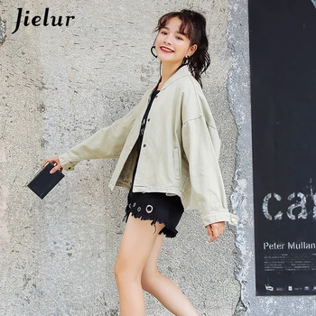 Jielur Denim Jacket pre Ženy je kórejský Jeseň Bomber Bundy Zimné Džínsy Dámy Kabát Harajuku Milenci Streetwear Veste Femme