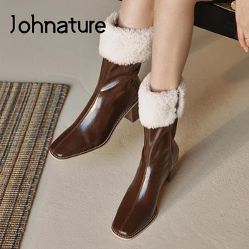 Johnature 2020 Nové Zimné Topánky, Ženy, Topánky Pravej Kože Zip Štvorcové Prst V Teple Stručné Ručné Voľný Čas Šitie Platformu Topánky