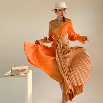 Johnature Nové Módne Patchwork tvaru Obväz Skladaný Šaty 2021 Sprint Koraen Svetlice Rukáv Dlhý Ženy Šaty