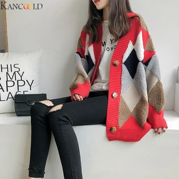 KANCOOLD Dlho Seeve tvaru Ženy Cardigan s Lištovanie Tlačidlo Farebné Pruhované Príčinné Voľné Svetre Black Red White Pletený Kabát