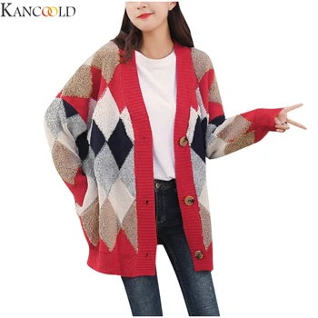 KANCOOLD Dlho Seeve tvaru Ženy Cardigan s Lištovanie Tlačidlo Farebné Pruhované Príčinné Voľné Svetre Black Red White Pletený Kabát