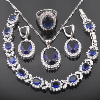 Klasický Oválny Sky Blue Zirconia Striebornej Farby Pre Ženy, Svadobné Šperky Sady Náramok Náhrdelník s Príveskom, Náušnice, Prsteň QS0460