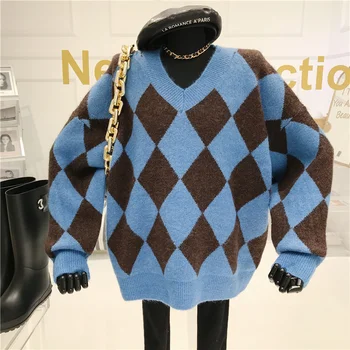 Kosoštvorec tvaru kontrast sveter dámske zimné 2020 NOVÝ Dizajn zmysel zahusťovanie Pulóver s dlhým rukávom casua zrastov tričko