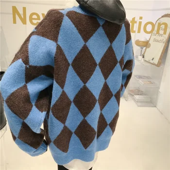 Kosoštvorec tvaru kontrast sveter dámske zimné 2020 NOVÝ Dizajn zmysel zahusťovanie Pulóver s dlhým rukávom casua zrastov tričko