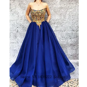 Kráľovská Modrá Zloženke Večerné Šaty Prom Bez Ramienok Zlaté Appliques Korálky Vestidos De Fiesta Župan De Soiree Plus Veľkosť