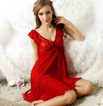 Kvalitný hodváb 2017 Lete Sexy Červené tvaru Ženy bielizeň Spánku nosia Bežné Nightgowns AW703