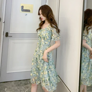 Kórejská strana golier kvetinový šifón šaty žena 2020 lete nových francúzskych temperament bežné dlhé šaty