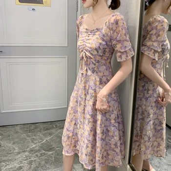 Kórejská strana golier kvetinový šifón šaty žena 2020 lete nových francúzskych temperament bežné dlhé šaty
