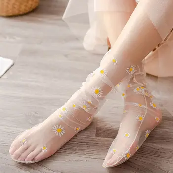 Kórejské Ženy Transparentné Oka Voľné Členkové Ponožky Sladké Daisy Slnečnice Candy Farby, Vidieť Cez Tylu Polovice Trubice Pančuchový Tovar