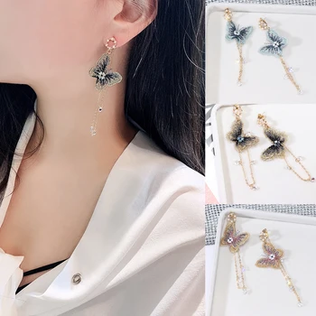 Kórejský Elegantné Roztomilý Drahokamu Motýľ Stud Náušnice Pre Ženy, Dievčatá Módne Kovové Reťaze Šperky Strapec Náušnice Motýľ