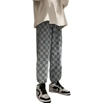 Kórejský Koberčeky Džínsy pánskej Módy Bežné Retro Rovné Džínsy Mužov Streetwear Voľné Hip-hop Širokú nohu Jeans Mens Denim Nohavice M-2XL
