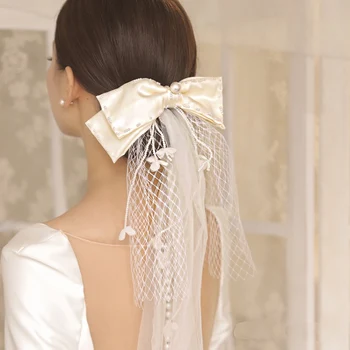 Kórejský Satin Korálkové Oka Veľký Luk Hairclip Krásny Elegantný, Romantický závoj Svadobný Headdress vlasy príslušenstvo