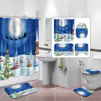 Kúpeľňa Opony Nepremokavé Sprchový Záves Nastaviť Non-slip Vaňa Mat Wc Veko Krytu Koberce Mat Polyesterových Vlákien Štýle Vianoc