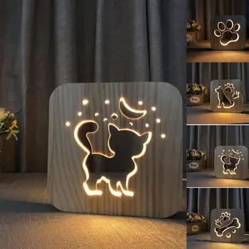 LED USB Nočné Svetlo Drevené Psa Packa Mačka, Vlk Hlavu Zvierat Lampa Novinka Dieťa Spálňa 3D Dekorácie Stola Svetlá Dieťa Darček
