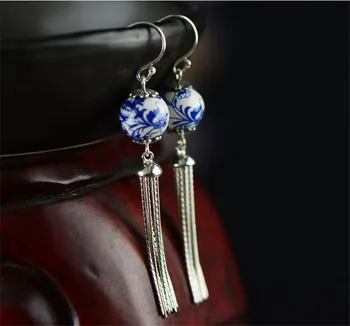 LYBUY Romantický Modré a Biele porcelánové Kvet Retro Visieť Náušnice 925 Sterling Silver Dlhý Strapec Drop Náušnice pre Ženy