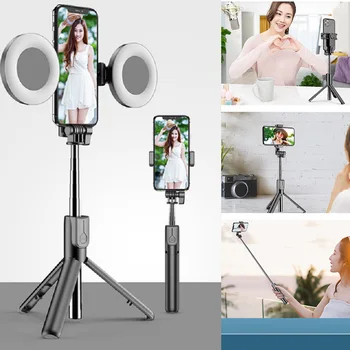 Lady Dievčatá make-up Video Live vysielanie Foto Nástroj Bluetooth Led Krúžok Vyplniť Svetla Bezdrôtový Selfie Stick Skladací Stojan