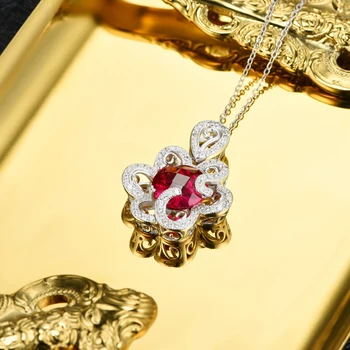 L&zuan Kvetinový 4.14 ct Red Ruby Prívesok & Náhrdelník pre Ženy 925 Sterling Silver Reťaze Náhrdelník Svadobné Party Jemné Šperky