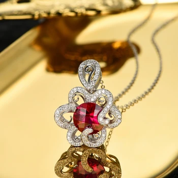 L&zuan Kvetinový 4.14 ct Red Ruby Prívesok & Náhrdelník pre Ženy 925 Sterling Silver Reťaze Náhrdelník Svadobné Party Jemné Šperky