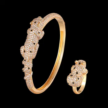 Lanruisha Luxusné leží leopard náramok a prsteň, šperky nastaviť zirkón micro vykladané s pražené čierna farba klasické Módne šperky