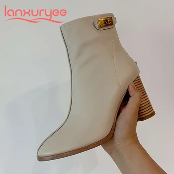 Lanxuryee Európskom štýle pravej kože kolo prst vysokým podpätkom zimné topánky office lady na denné nosenie, jednoduchý pevné členková obuv L73