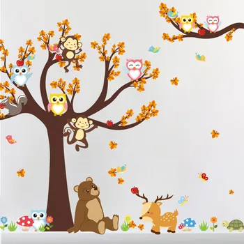 Lesných Stromov Pobočky list Živočíšneho Cartoon Sova Opice Medveď, Jeleň Samolepky na Stenu Pre Deti Izby Chlapcov, Dievčatá, Deti, Spálňa Domova