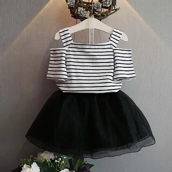Letné Dievča Oblečenie Set Sa Kvet Pruhovaný Top Bowknot Tutu Sukne Deti Oblečenie M09