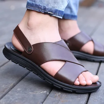 Letné Mužov Sandále Pravej Kože Letná Obuv Muži Plážové Sandále Ploché Hovädzie Kože Muž Čierne Sandále 2020 Nové