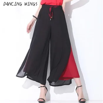 Letné Strane Split Členok dĺžka nohavice ženy black šifón širokú nohu, vysoký pás nohavice bežné