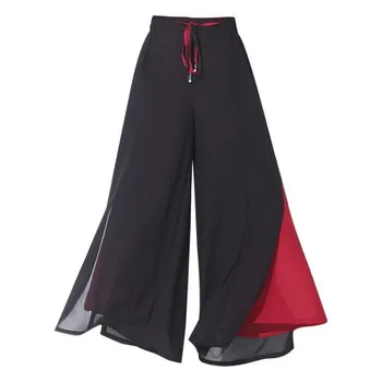 Letné Strane Split Členok dĺžka nohavice ženy black šifón širokú nohu, vysoký pás nohavice bežné